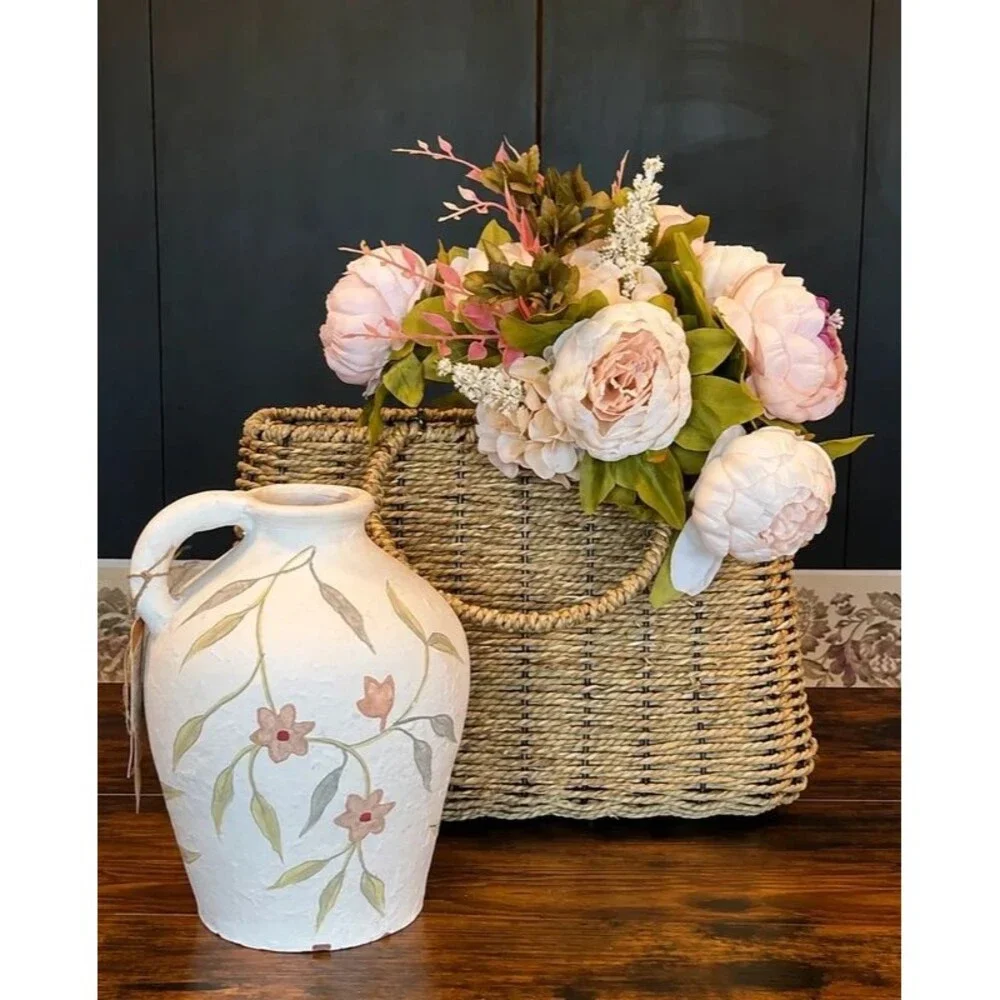 Handcrafted Terracotta Floral Jug Vase Farmhouse Cottagecore Vase | Textured